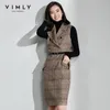 Vimly Herbst Winter Frauen Plaid Streifen Woolen Kleid Elegante OL Stil Ärmellose Zweireiher Revers Weibliche Kleid 99305 210302