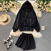 Rosa bomull mode 3 stycke sätter avslappnad långärmad hoodies jacka + kort camisole + elastisk midja shorts preppy vild 210610