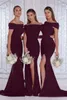 Charming Mermaid Side Split Bridesmaid Dresses Off The Shoulder Neck Pleated Country Maid Of Honor Gowns Sweep Train Chiffon Wedding Guest Dress