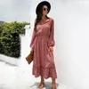 Abiti casual bohémien lunghe donne autunno 2021 stampa floreale manica lanterna ad alta vita pieghettata boho party maxi vestito vestidos