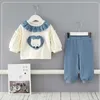 Gros printemps bébé filles 2 pièces ensembles manches longues bouffantes bleu col en dentelle chemises haut + pantalon enfants vêtements E9162 210610