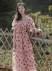 Yaz kısa kollu örgü dikiş çilek elbise kemer pembe peri elbise kız ilk aşk vintage uzun 210604