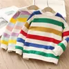 Spring Autumn Fashion 2 3 4 6 7 8 9 10 11 12 Years Children Cotton Colorful Stripe Sweatshirts For Kids Baby Girls 210625