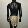 AKYZO Kobiety świecący Rhinestone Halter Metalowa Sukienka Łańcuch Nowy Klub Nowy Klub Gold Silver Backless Split Hip 2 sztuki Zestaw Dress 210316