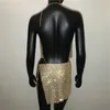 AKYZO Abito da donna con catena in metallo con strass luccicanti e scintillanti New Nightclub Oro argento Backless Split Hip 2 pezzi Set Dress 210316