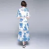 Lato Moda Wakacje Dress Kobiety Stojak Kołnierz Koronki Patchwork Elegancki Niebieski Kwiatowy Druku Boho Długie 210529