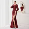 Long Sleeve Mermaid Evening Party Dresses Luxury Sequins Beaded Sexy Slit vestido de festa Fishtail Prom Gown