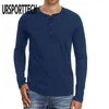URSportech marca cor sólida camisetas homens primavera outono de manga longa moda botão design magro homens casuais camisetas respirável g1229