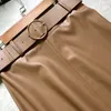 Jesień Zima PU Skórzana Spódnica Metal Łączenie A- Line Skirt Kobiet Wewnątrz Pas Midi Pu Skóra Długa Spódnica Kobiety 210514