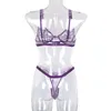 Verão Nova Mulher Mulher Sexy Sexy Bordado Underwear Set Preto Padrão Padrão Malha Transparente Anel de Aço Recolhido Bra Thong Dois Pi X0526