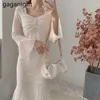 Весна осень тонкий элегантный сетка кружева русалка Vestidos французская фея платье A-line твердые оборками V-образным вырезом Корейская мода 210601