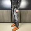 Amerikanska streetwear mode män jeans högkvalitativa elastiska smala passform grå rippade denim punk byxor patchwork hip hop byxor manlig