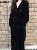Lautaro Winter Long Black Faux Sheared Mink Fur Trenchコート女性袖のベルト二重ブレストブリティッシュスタイルファッション211220