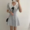 Verão elegante mulheres casuais recolher colarinho de manga curta patchwork Tweed single-breasted vestido 210531