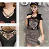 Summer Fashion Korean Clothes T-shirt Sexy Hollow Out Diamonds Letter Rose Women Tops Ropa Mujer Patchwork Mesh Tees T06633 210623