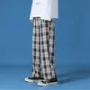 Men Polyester Loose Japan Harajuku style Grid Wide Pants Men Casual Drawstring Elastic Leg opening Ankle Length Pants Men 210930