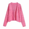 Moda Kobiety Textured Knit Cardigan Długie Rękawy Krótki Trykotowy Sweter Casual Kobiety Lato Przycięte Topy 210709