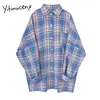 Yitimuceng Plaid Blouse Women Office Lady Red Blue Button Up Shirts Fashion Long Sleeve Clothing Casual Pocket Tops Spring 210601