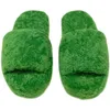 Grön platta tjocka sula furry tofflor kvinnor öppna tå handduk sandaler vårkomfort utanför slitage semester skor lata mulor kvinnlig
