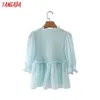 Tangada Kobiety Retro Green Dots Slim Koszula Letnia Bluzka Ruffles Krótki Rękaw Chic Kobiet Topy 2m52 210609