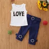 Été enfant en bas âge beaux enfants bébé fille gilet bebek giyim lettres haut imprimé jean Denim pantalon tenue ensemble vêtements décontractés