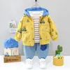 Fashion Kids Cotton Clothing Sets 1-4T Baby Boys& Girls Hooded Coat Cartoon Designer Denim Suit Tops +Sweater+Jeans=3PCS/Set