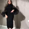 Élégante sirène arabe robes de bal courtes avec manches bouffantes 2021 longueur de thé satin col haut robe de soirée de Dubaï pas cher soirée cocktail