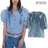 Zniesione kaskadowe falbany kaskadowe dżinsowe bluzki z rękawami puffanki Blusas Mujer de moda koszulki damskie topy i bluzki T200502