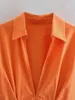 Vintage vrouwen elegante oranje slanke jurken zomer mode dames hoge taille v hals jurk zoete meisjes chic 210527