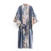 Bohemio cuello pico Pavo Real flor estampado largo Kimono camisa étnica con cordones fajas cárdigan largo blusa suelta Tops femme 210308