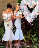 Modest Tea Length Mermaid Bridesmaids Dresses 2021 Off Shoulder Open Back High Appliques Short Country Maid Of Honor Party Prom Gowns Cheap