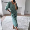 Dicloud Uzun Kadınlar Örme Wrap Elbise Bahar Boy Zarif Gün Midi Seksi V Boyun Triko Robe Bayanlar Giysileri 210623