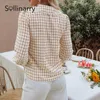 Sollinarry Herbst Büro Dame Gingham Quadrat Muster Hemd Frauen Casual V-ausschnitt Braun Dünne Bluse Weibliche Regelmäßige Ärmel Top 210709