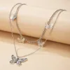Pretty Butterfly Hänge Halsband för kvinnor Vintage Silver Färg Multi-Layer Tassel Alloy Metal Justerbara Smycken