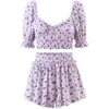 Purpurowy Kwadratowy Neck Flare Bluzka Kobiety Crop Topy Wysoka Talia Kwiatowy Druku Szorty Słodkie Dopasowanie Zestawy Summer Girls Cute 210610