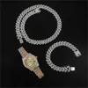 Hip Hop 13.5MM 3PCS KIT Heavy Watch+Prong Cuban Necklace+Bracelet Bling Crystal Rhinestones Chains For Men Jewelry
