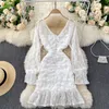 Sexy Hollow Out Floral Lace Mini Dress Deep V-Neck Full Sleeve High Waist Slim Ruched Ruffles Party Club Robe 210603