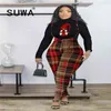 Trendy Chic Plaid Tuta Donna Set Autunno Inverno Abbigliamento Pullover Top Tunica Spaghetti Strap Tuta Pagliaccetti Streetwear 210525