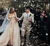 Romantic 3D Floral Appliques Beaded Wedding Dress Light Champagne V-Neck Handmade Flowers Side Split Bridal Gowns Boho Beach Tulle Wedding Dresses