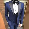 2021 Mavi Resmi Erkekler Takım Elveriş Sim Fit Düğün için 3 Parça Damat Smokin Sigara Ceket Yelek Pantolon ile Sıradışı Yaka Özel Kostüm X0909