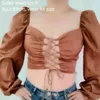 YuQung Vintage Women Lace Up Shiny Silk Satin Short Blouses Shirt Puff Long Sleeve Square Neck Crop Tops Brown Streetwear 210226