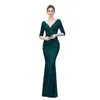 Emerald Green Mermaid Evening Klänningar med Half Sleeve Sequins Applique Lace Real Image Prom Party Gown Robe de Soirée Femme