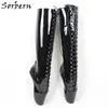 Sorbern sexy heelless ballet mulheres botas joelho alto lace up fetiche sapatos bdsm personalizado boot eixo largura comprimento mais tamanho 46