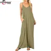 Kvinnor lång klänning kvinnlig sommar v nacke spaghetti strap vanlig flödande fickor lös strand cami maxi klänning casual sundress robe femme y0823