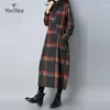 Vinter ull Klänning Kvinnor Vintge Plaid Turtleneck Långa Klänningar Robe Lady Vestidos Loose Plus Size Casual SS48501