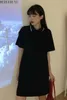 Werueruyu korte mouw casual jurk elegante vintage plus size vrouwen kleding zwarte jurk polo nek t-shirt harajuku 210608