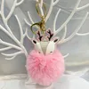 Cute Leather Elk Plush Pompom Keychains Women Solid Color Fluffy Faux Fur Ball Key Chain Handbag Hanging Bags Key Ring Pendant