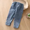 Casual Spring Autumn 2 3 4 6 8 9 10 Years Children Pocket Elastic Cotton Dot Loose Big Size Denim Jeans For Kids Baby Girls 210701