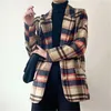 Streetwear Women Woolen Plaid Blazers Fashion Ladies Slå ner Krage Coats Vintage Kvinna Chic Pocket Jackor 210527