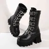 Stivali con plateau da donna punk gotici invernali con cinturino con fibbia nera con cerniera Creeper zeppe scarpe stivali da combattimento militari a metà polpaccio H1126